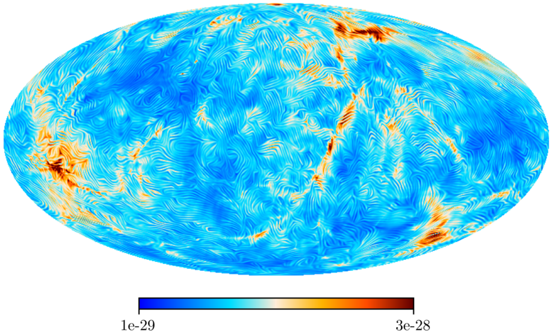 dell'intensità del campo magnetico e dell'orientamento delle componenti perpendicolari alla linea di vista, calcolate per una sfera di raggio 300 milioni di anni luce con centro sulla Terra. Crediti: MPA