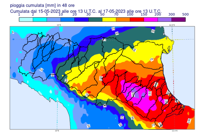 Precipitazione cumulata Evento dal 15 al 17/05/2023 ore 13:00 – Fonte: ARPAE