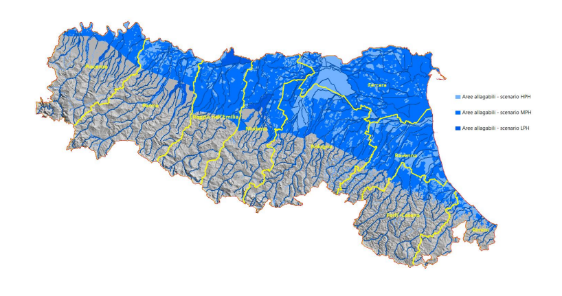 Fig.1_Corpi idrici e aree potenzialmente allagabili nei tre diversi scenari di probabilità elevata (HPH), media (MPH) e bassa (LPH) nelle province della Regione Emilia Romagna. Fonte: Mosaicatura ISPRA 2020 