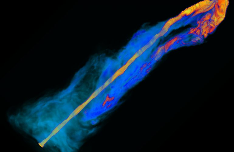 Simulazione numerica magnetoidrodinamica e relativistica in 3D del getto emesso dal blazar CTA 102. Crediti: Gianluigi Bodo e Paola Rossi dell'Inaf di Torino e Andrea Mignone dell'Università di Torino