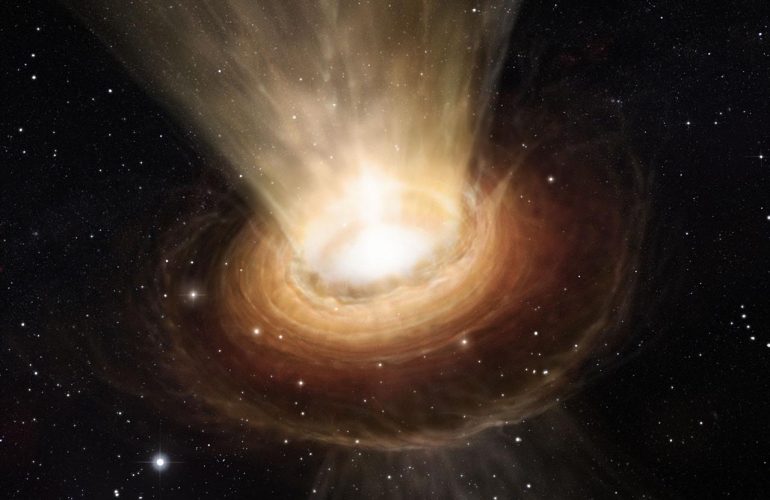 This artist’s impression shows the surroundings of the supermassive black hole at the heart of the active galaxy NGC 3783 in the southern constellation of Centaurus (The Centaur). New observations using the Very Large Telescope Interferometer at ESO’s Paranal Observatory in Chile have revealed not only the torus of hot dust around the black hole but also a wind of cool material in the polar regions.