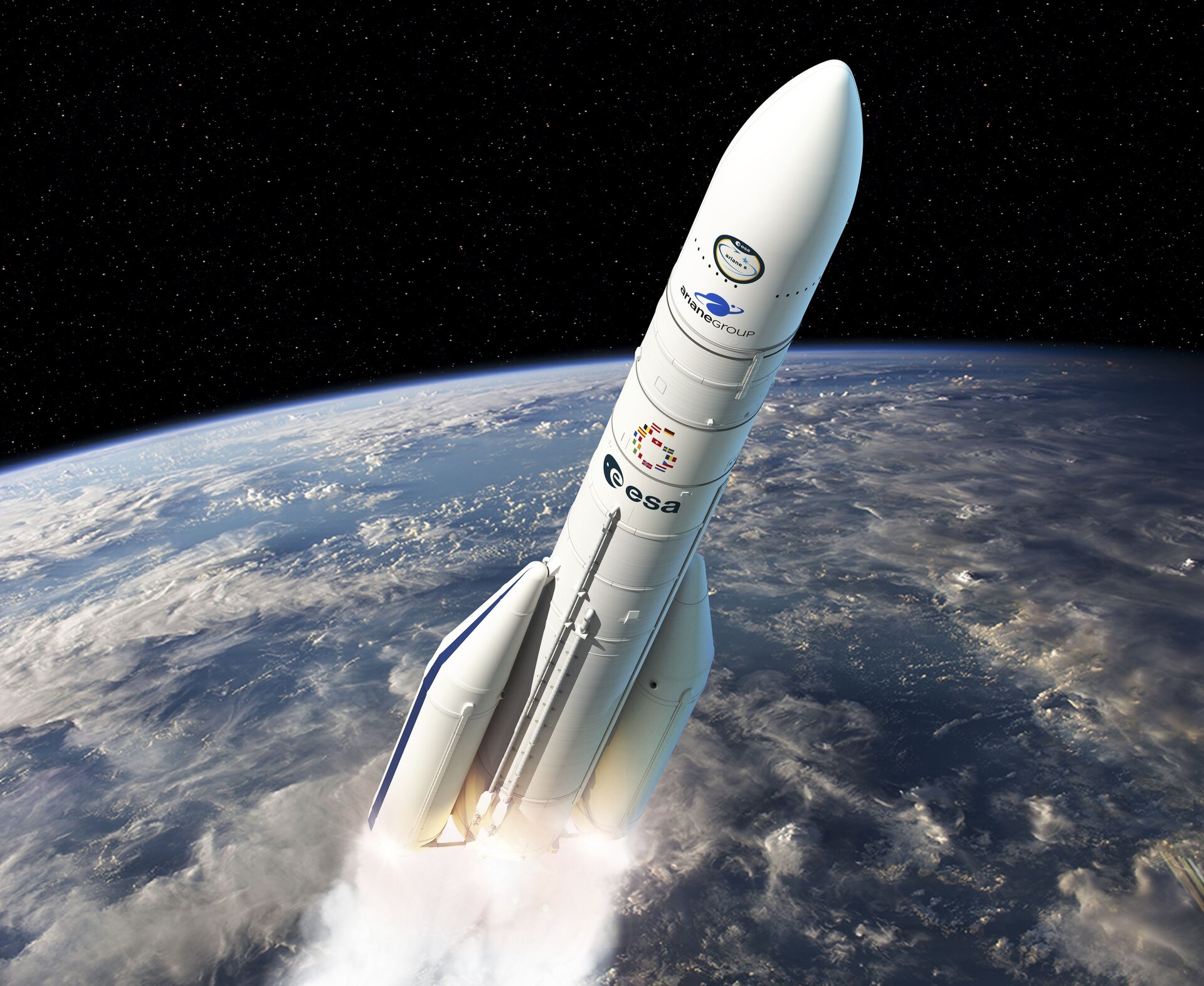 Ariane_flying_into_space_with_two_boosters_artist_s_impression_pillars