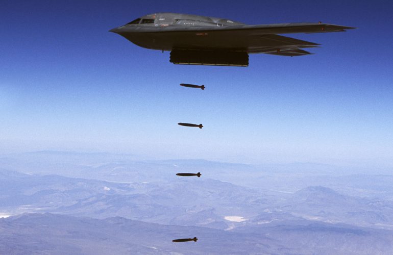 HILL AIR FORCE BASE, Utah -- A B-2 Spirit drops 32 inert Joint Direct Attack Munitions Aug. 27 at the Utah Testing and Training Range here.