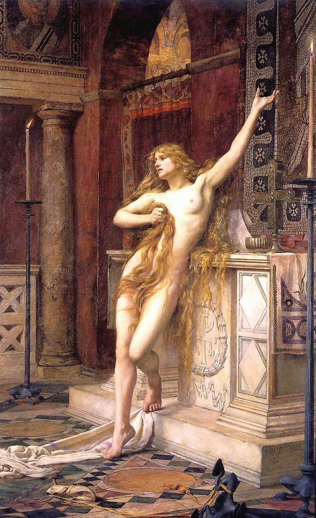 Ipazia, filosofa, matematica e astronoma di Alessandria d'Egitto. Viene ricordata per essere stata la più tristemente celebre delle vittime di religione pagana perseguitate e uccise dai cristiani a partire dal III-IV secolo. Olio su tela di Charles William Mitchell, 1885, Laing Art Gallery (Newcastle).