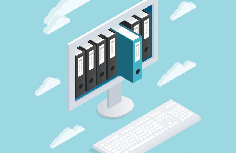 Colored documents cloud isometric composition with computer monitor and data books inside vector illustration