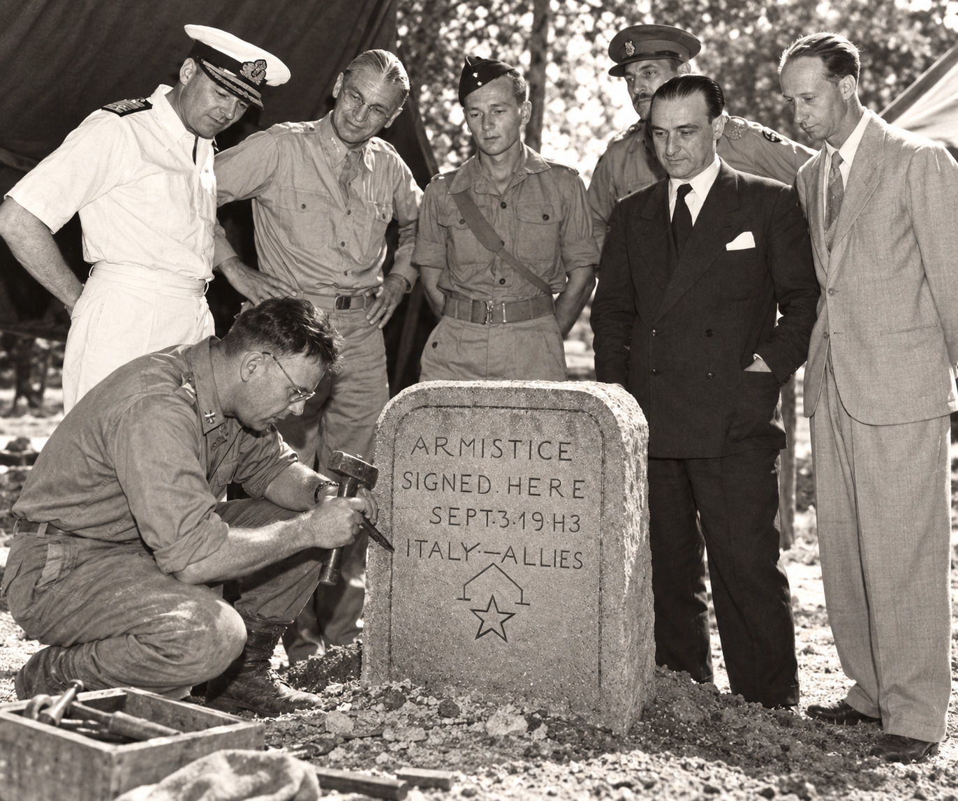 Interpretazione AI della realizzazione della lapide commemorativa dell'armistizio di Cassibile 